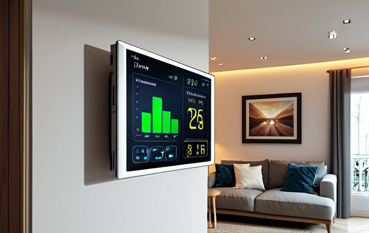 **
Smart home interior with automated lighting adjusting to daylight, energy management system display, showcasing energy savings.
**