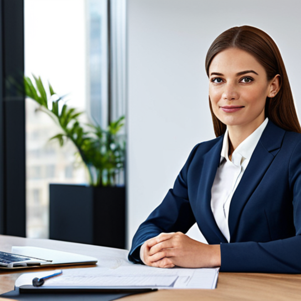 **
A professional businesswoman in a modest business suit, sitting at a desk in a modern office, fully clothed, appropriate attire, safe for work, perfect anatomy, natural proportions, professional photography, high quality, family-friendly.
**