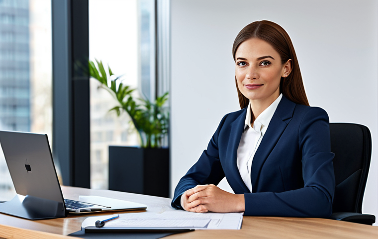 **
A professional businesswoman in a modest business suit, sitting at a desk in a modern office, fully clothed, appropriate attire, safe for work, perfect anatomy, natural proportions, professional photography, high quality, family-friendly.
**