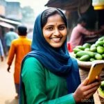 Home 16 디지털 프리 존과 전통 산업의 융합 - **Prompt:** A vibrant, sunlit image depicting a Bangladeshi woman in her late 30s, dressed in a mode...