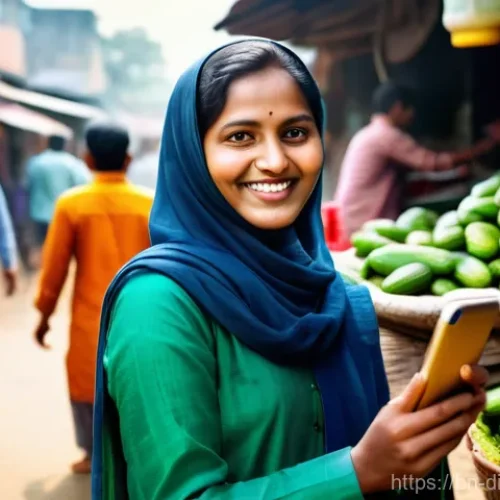 Home 28 디지털 프리 존과 전통 산업의 융합 - **Prompt:** A vibrant, sunlit image depicting a Bangladeshi woman in her late 30s, dressed in a mode...