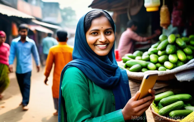디지털 프리 존과 전통 산업의 융합 - **Prompt:** A vibrant, sunlit image depicting a Bangladeshi woman in her late 30s, dressed in a mode...