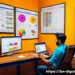 Home 15 디지털 프리 존의 디지털 마케팅 전략 - A vibrant digital marketing workspace scene showcasing a Bengali entrepreneur analyzing local SEO st...