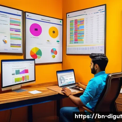 Home 27 디지털 프리 존의 디지털 마케팅 전략 - A vibrant digital marketing workspace scene showcasing a Bengali entrepreneur analyzing local SEO st...